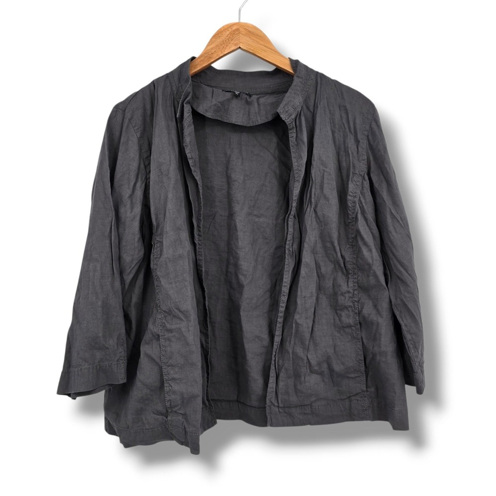 Eileen Fisher Petite Linen Blend Open Front Stand Collar Jacket Gray Size PL